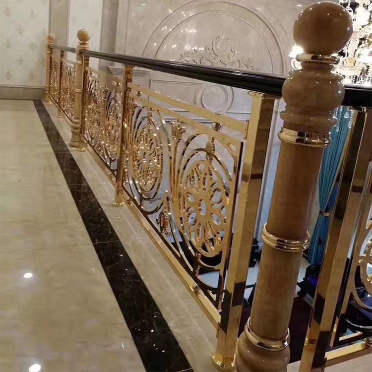 新中式流行室内黄古铜楼梯护栏大厅装饰