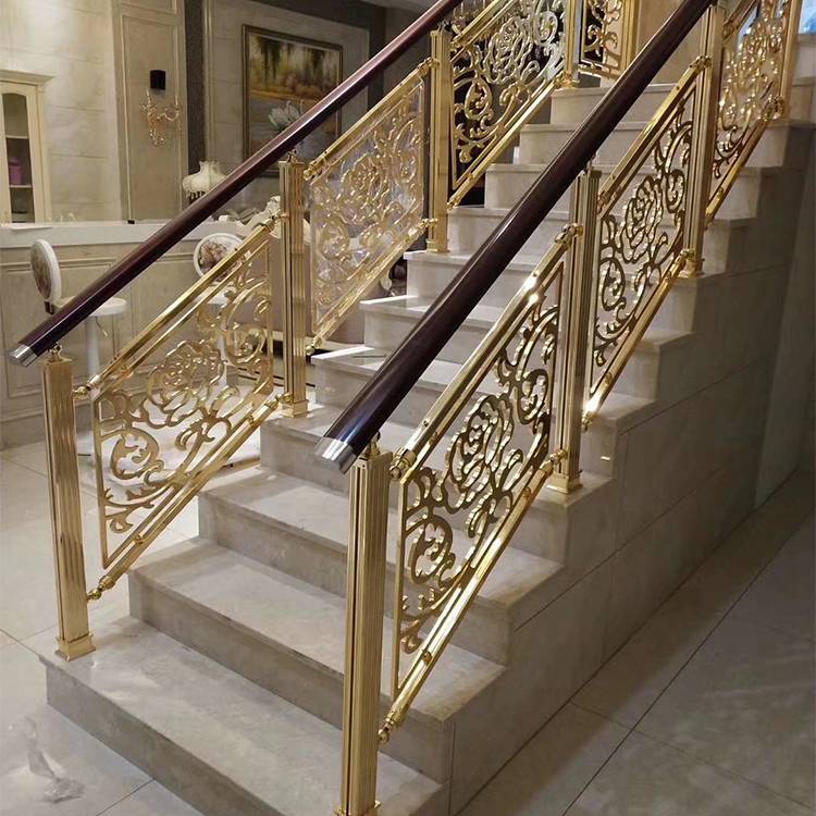 欧式华丽铝板雕花楼梯栏杆装饰 别墅安装金属镀金护栏