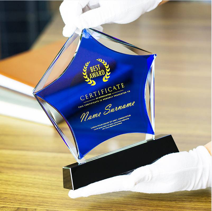 蓝色五角星水晶奖杯制作创意刻字员工颁奖纪念品奖牌授权牌