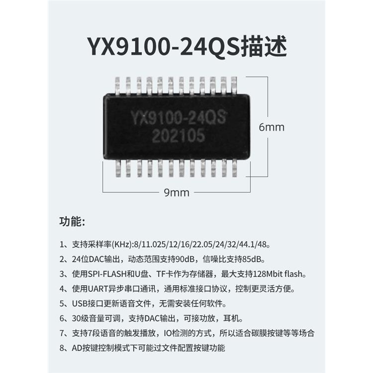 指纹锁语音芯片 易于集成和使用 YX9100-24QS