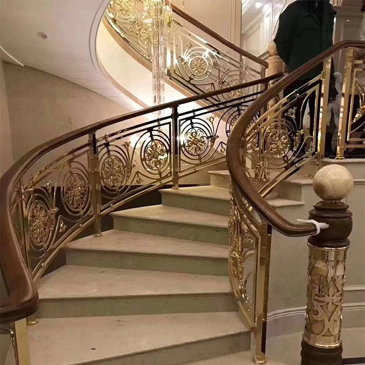 别墅室内楼梯装饰 新中式高雅黑K金铝立柱栏杆订做