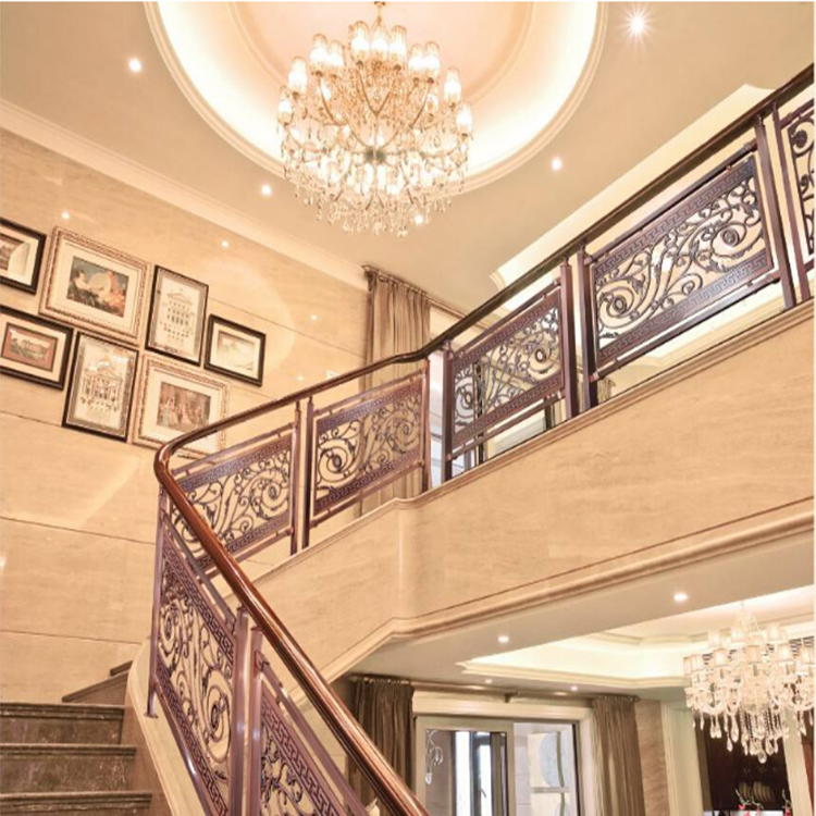抛光铝雕花楼梯护栏镀金扶手 艺术设计室内构造精巧