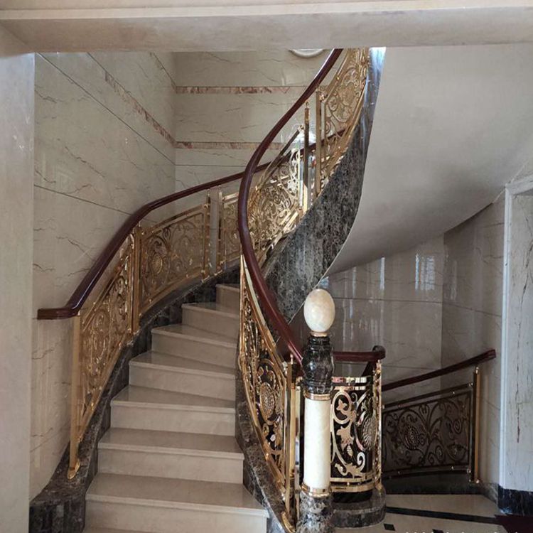酒店工程订做 铝板玫瑰金精雕欧式扶手楼梯护栏图片