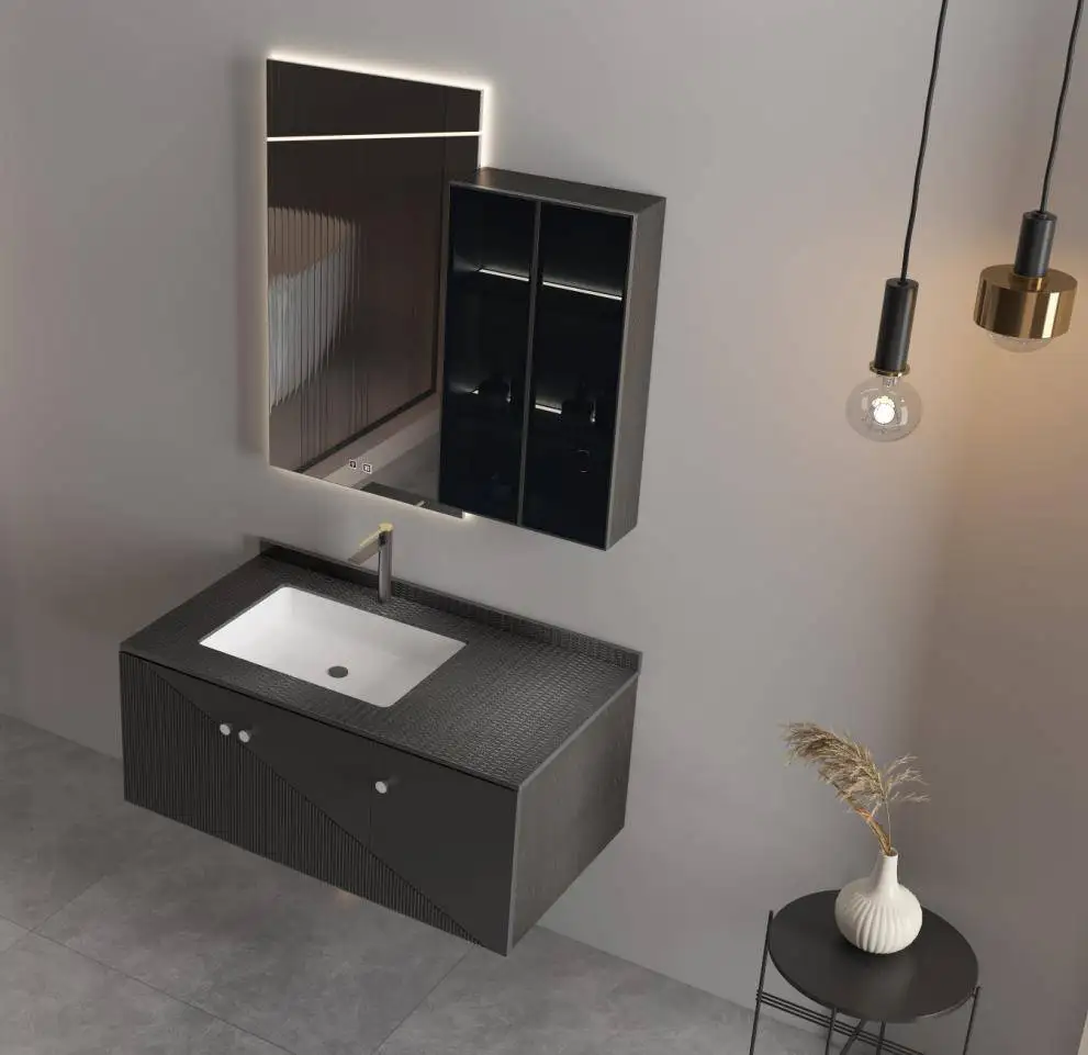 现代简约岩板一体浴室柜组合轻奢卫生间洗手洗脸盆洗漱台实木智能
