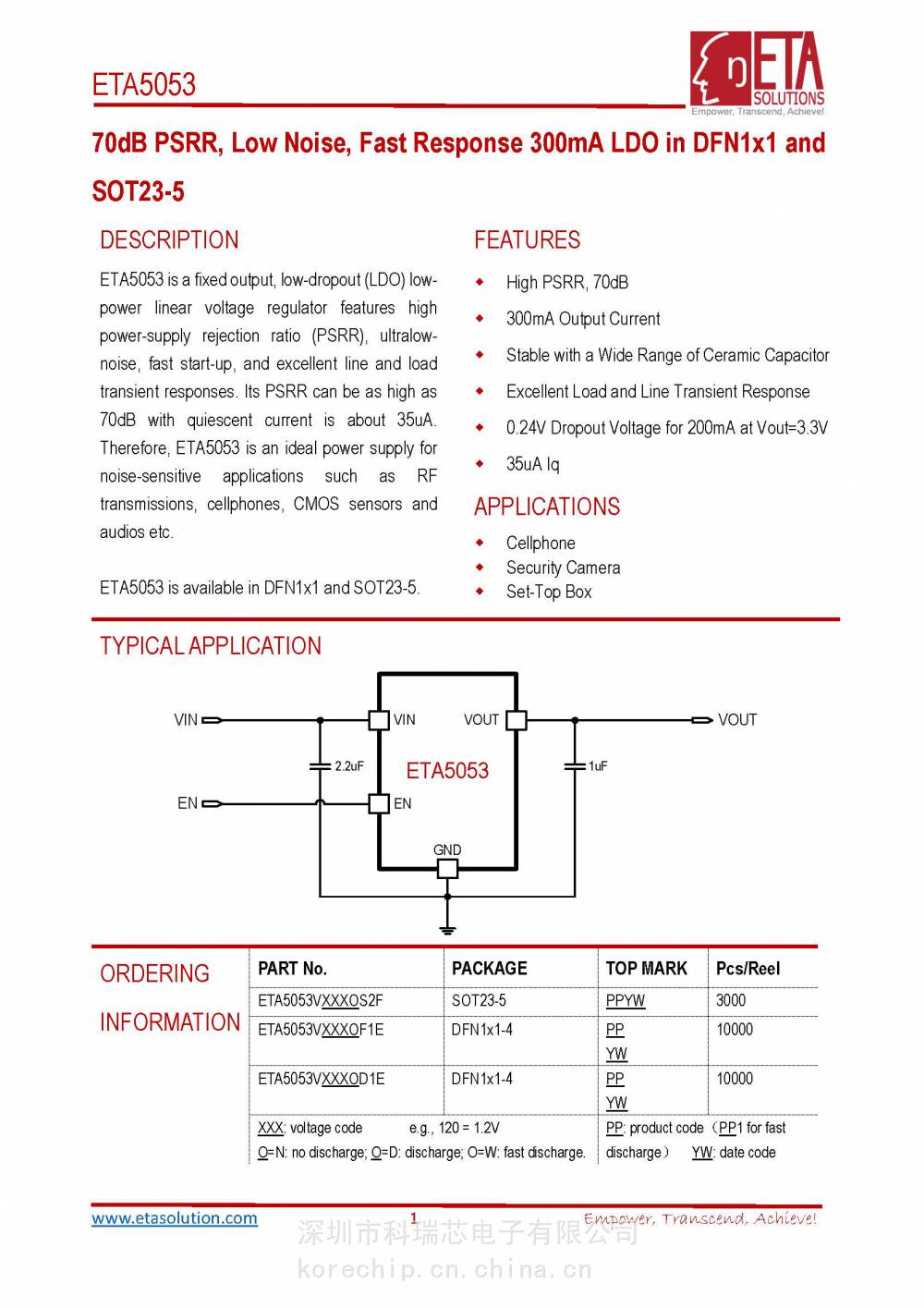 钰泰线性稳压器 ETA5053系列 DFN1x1和SOT23-5封装 更多详情