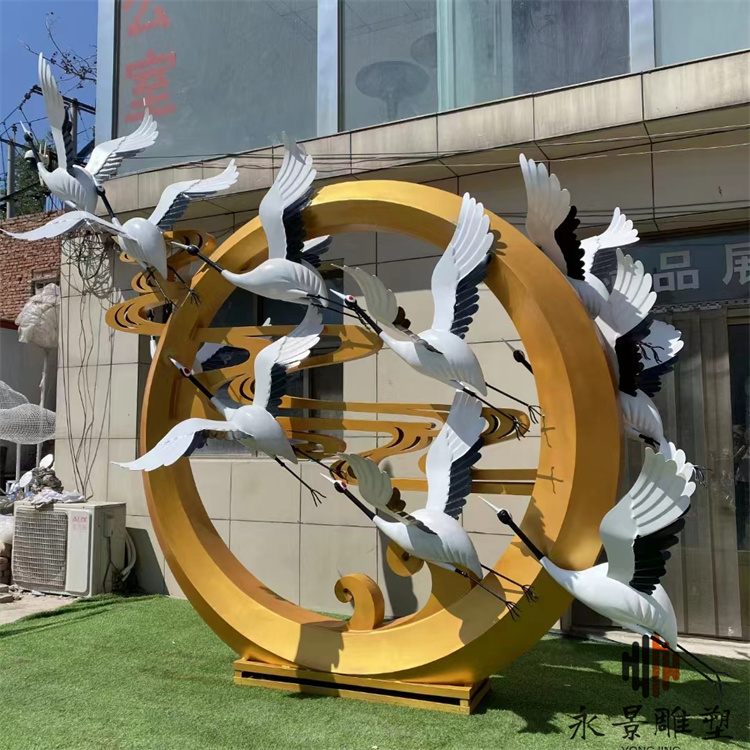 鹤舞明月雕塑 不锈钢月亮仙鹤雕塑城市公园主题摆件