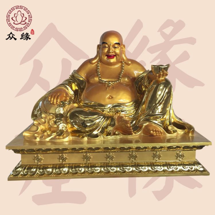 弥勒佛像笑佛摆件 金色大肚坐莲弥勒佛神像 弥勒菩萨彩绘像