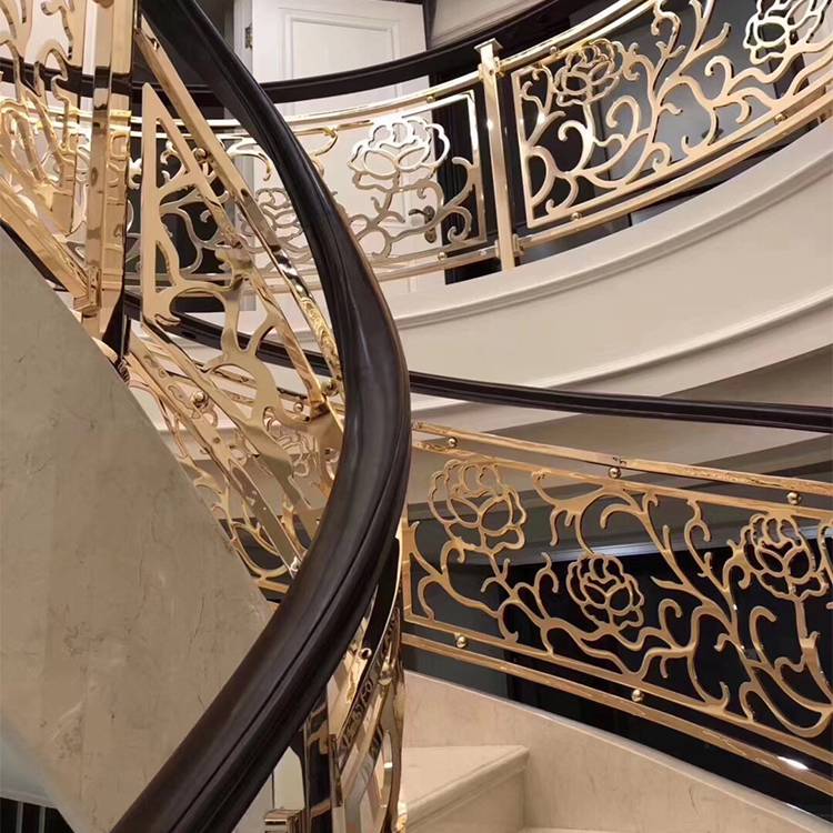 别墅安装欧式艺术设计雕花楼梯护栏 华丽金属镀金栏杆扶手