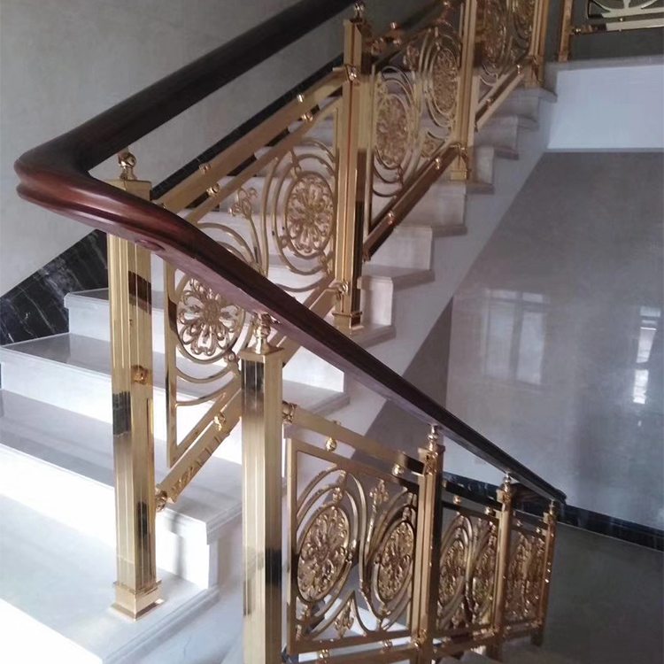 新中式传统古典金属雕花楼梯护栏装饰 别墅镀金镂空围栏