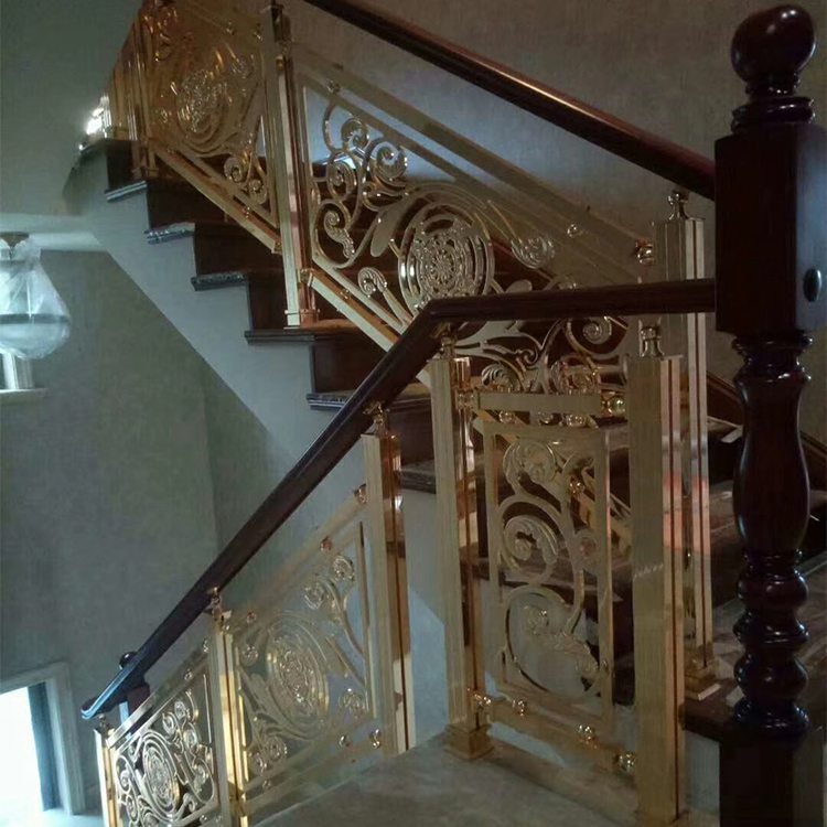 江油金属装饰弧形设计 精雕玫瑰金铝楼梯护栏 豪华气氛