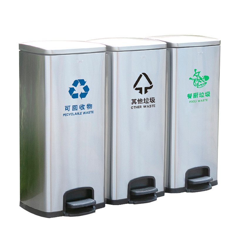 不锈钢户外分类垃圾桶带盖分类箱大号垃圾桶回收箱 90L三联分类桶