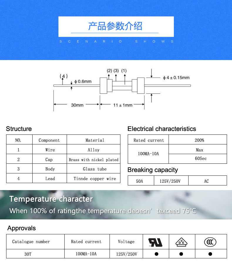 台名电子生产供应3.6*10陶瓷管保险丝慢断电流250MA-10A各种规格尺寸厂家