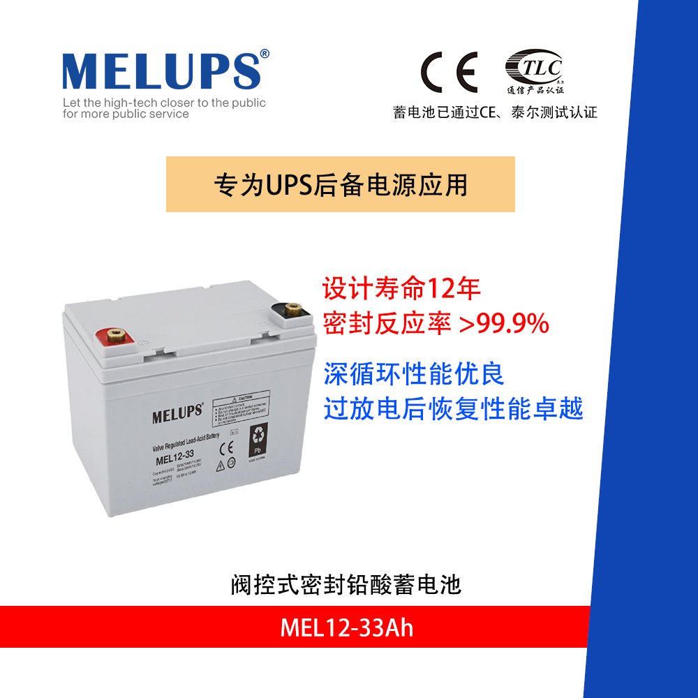 MELUPS 12V33Ah 免维护蓄电池 备用电源电池