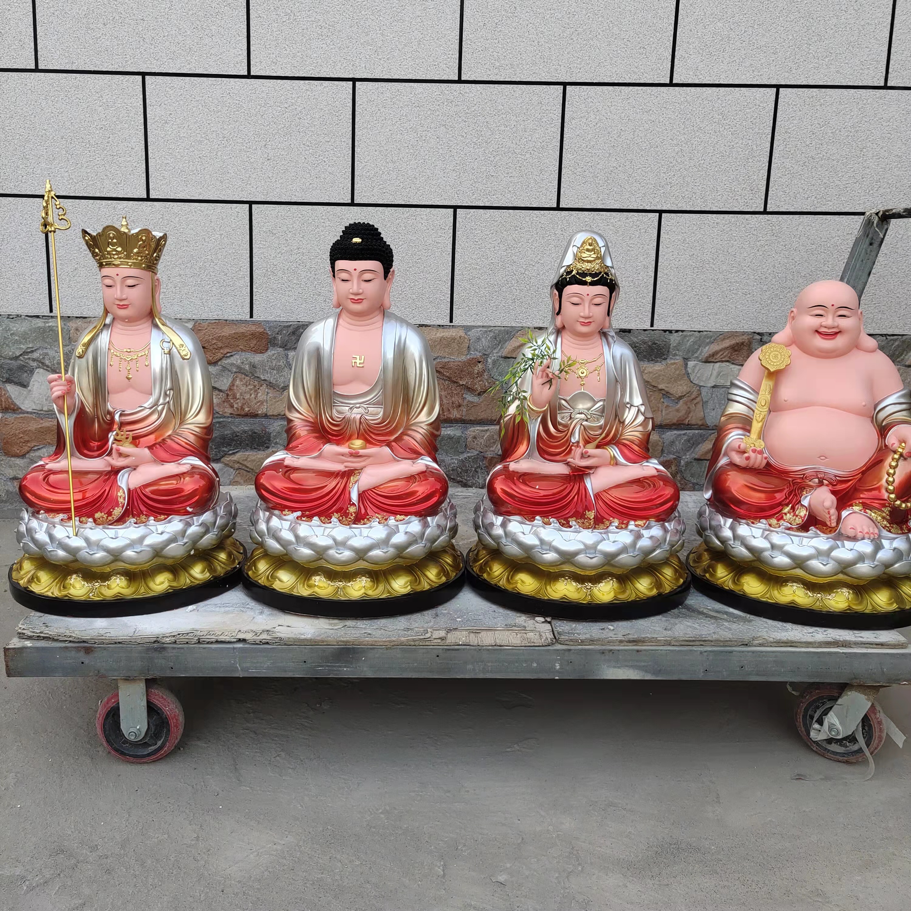 释迦牟尼佛、地藏菩萨、观世音菩萨 彩绘贴金婆娑三圣雕塑摆件佛像
