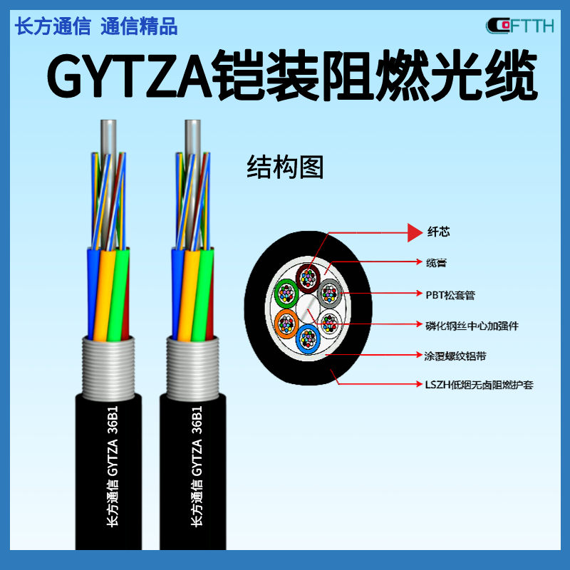 24芯GYTZA单模阻燃光缆 型号GYTZA-24B1.3铠装管道光纤