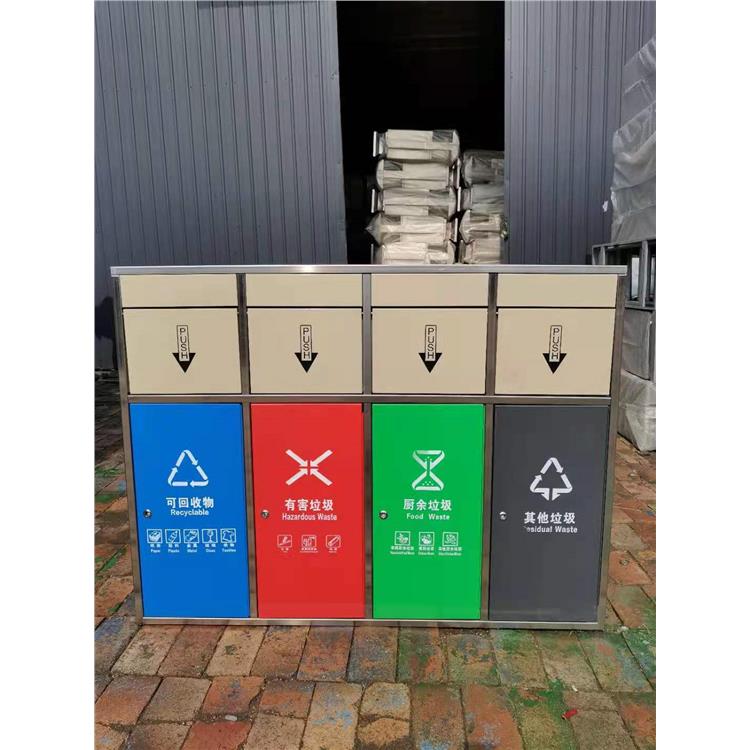 塑木条镶嵌的钢木垃圾箱 户外垃圾桶 镀锌板材质四分类垃圾箱