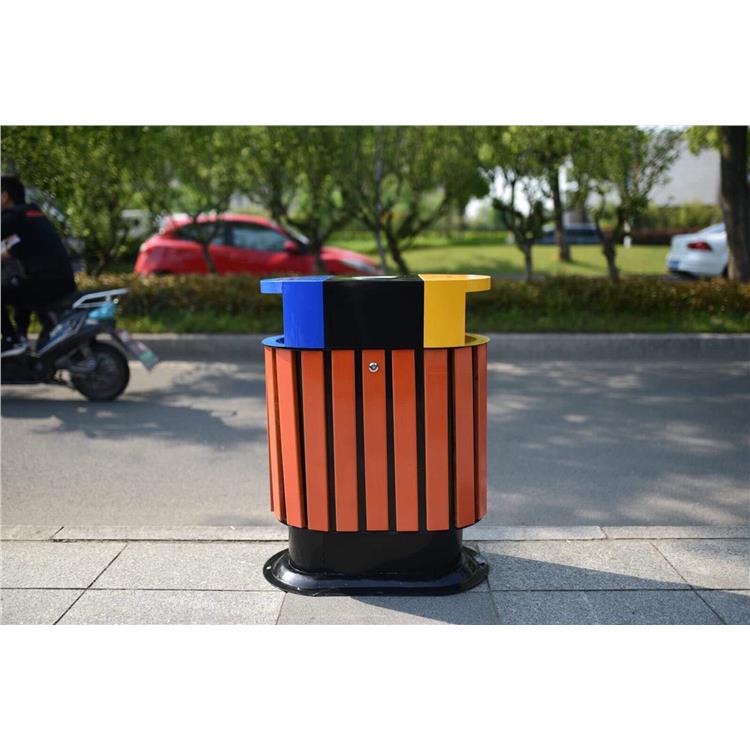 景区装饰型垃圾箱 塑木条镶嵌的钢木垃圾箱 环卫垃圾桶