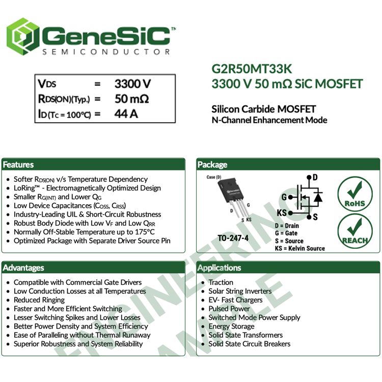 进口GeneSiC代理G2R50MT33K 3300V50mΩ SiC MOSFET