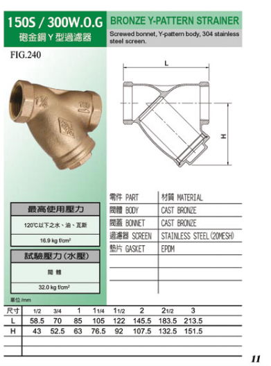 东光黄铜Y型过滤器FIG240